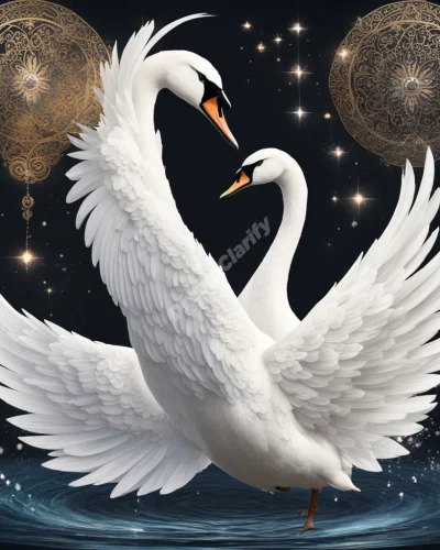 A swan transforming into various dream symbols, representing grace and personal evolution.