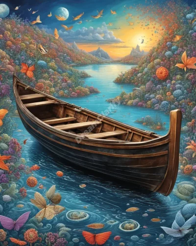 A rowboat navigating through a sea of dream symbols, representing life's journey.