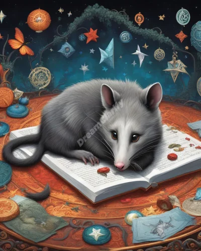 A possum playing dead, surrounded by dream symbols, representing adaptability and deception.