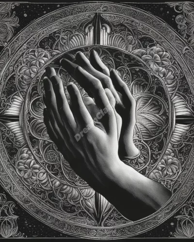 Hands clasped in prayer, emitting dream symbols, representing spiritual connection and hope.