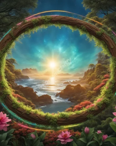 A hula hoop spinning to create a portal of dream symbols, representing playfulness and cycles.