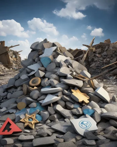 A pile of rubble with dream symbols emerging from the cracks, representing rebuilding from chaos.