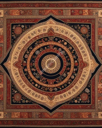 A rug with intricate patterns revealing hidden dream symbols, representing foundation and culture.