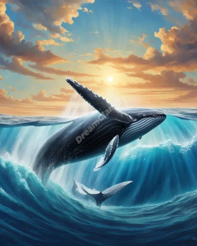 A humpback whale swimming through a dream ocean, symbolizing depth and emotional exploration.