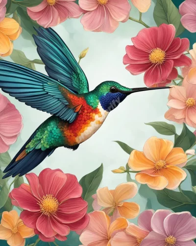 A hummingbird hovering around flowers that reveal dream symbols, representing agility and joy.