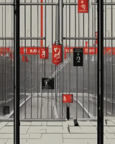 A figure behind bars, surrounded by confinement symbols, representing restriction and isolation.