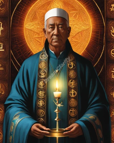 A priest figure glowing with spiritual symbols, representing guidance and morality.