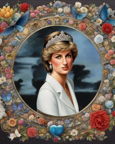 Princess Diana surrounded by symbols of compassion and legacy, representing influence and memory.