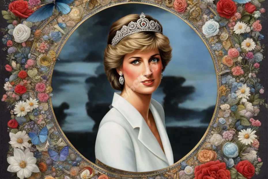 Princess Diana surrounded by symbols of compassion and legacy, representing influence and memory.