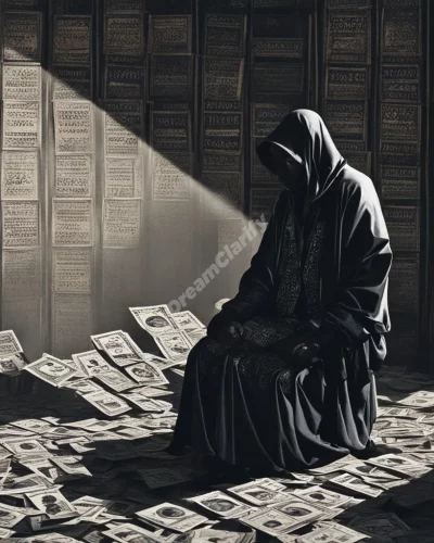 A shadowy figure with a price tag, surrounded by symbols of exploitation, representing loss of dignity.