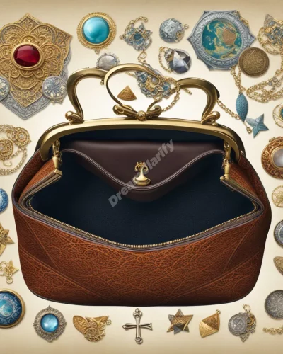 A purse opening to reveal personal dream symbols, representing identity and secrets.