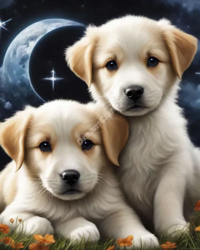 Puppies playing with dream symbols, representing innocence and joy.