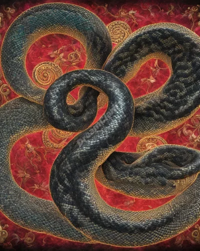 A python coiling around dream symbols, representing power and transformation.