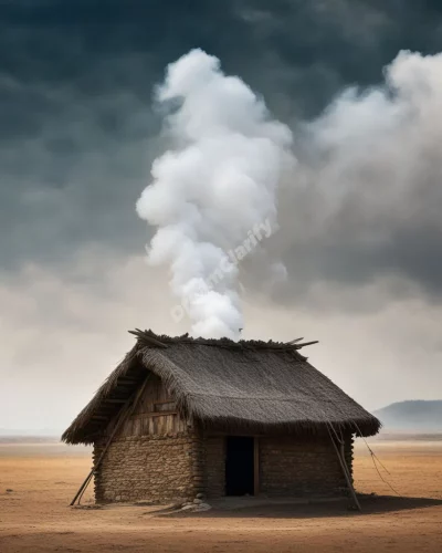 A small hut with smoke revealing dream symbols, representing simplicity and refuge.