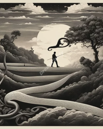 A snake chasing a figure through a dream landscape, representing fear and pursuit.