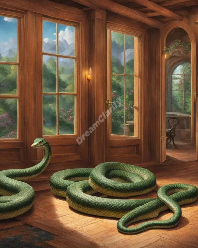 A snake slithering through a house, revealing hidden dream symbols, representing intrusion.