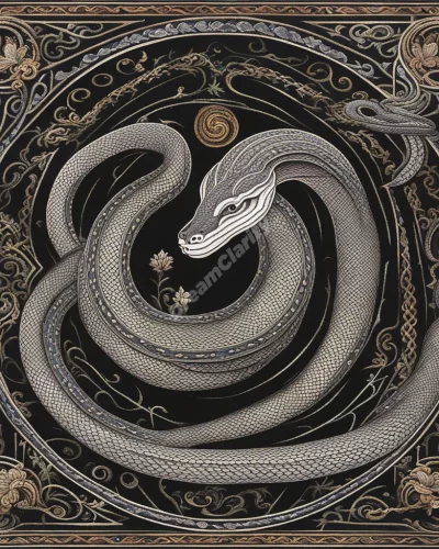 A snake coiling around a figure, forming a protective barrier of dream symbols, representing entrapment.