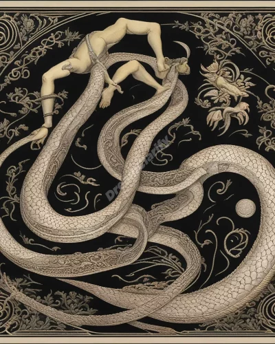 A figure stepping on a snake, revealing hidden dream symbols, representing confrontation.