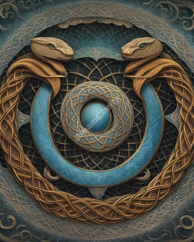 Multiple snakes intertwining to form dream symbols, representing complexity and transformation.