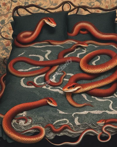 Snakes slithering through a bed, revealing hidden dream symbols, representing intimacy and fear.