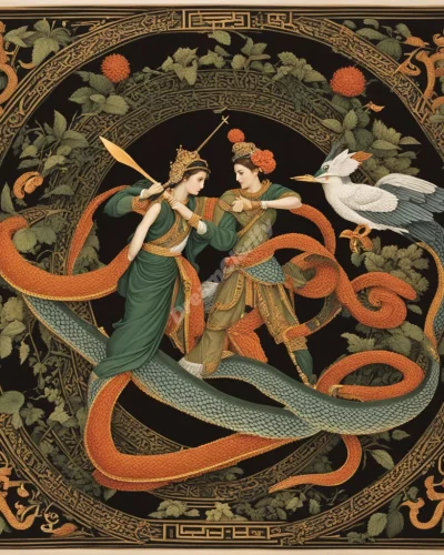 A figure killing a snake, surrounded by symbols of victory and transformation.