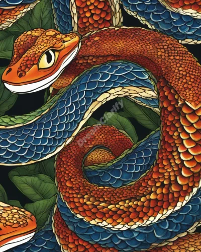 A friendly snake with scales forming dream symbols, representing transformation and renewal.