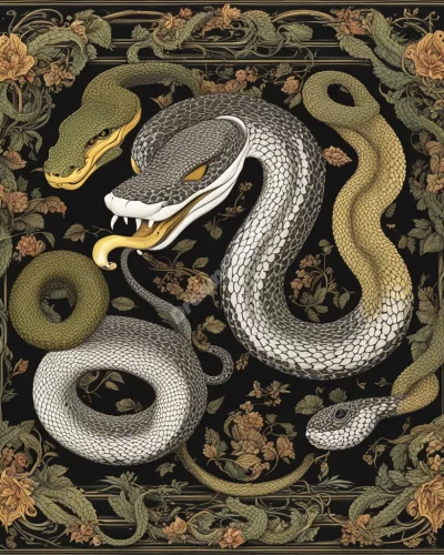 A snake swallowing dream symbols, representing consumption and integration.