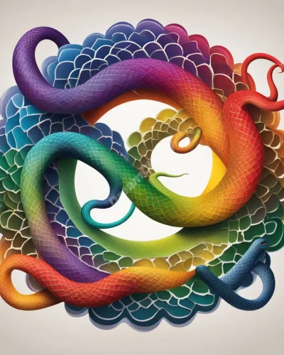 Rainbow-colored snakes forming dream symbols, representing diversity and transformation.