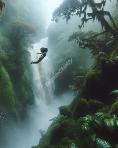 Person falling from a majestic waterfall, capturing the essence of transformation and emotional release in dreams.