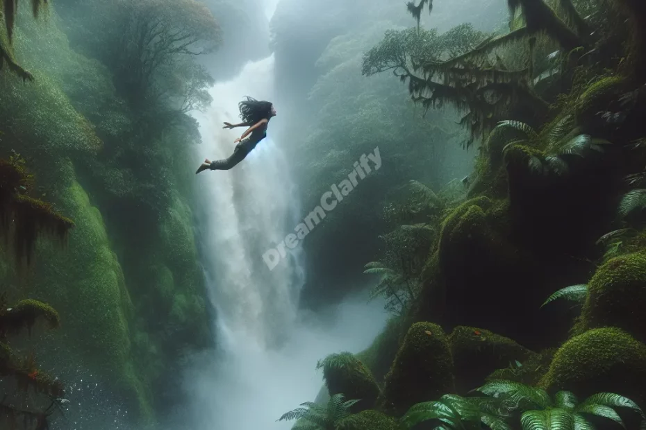 Person falling from a majestic waterfall, capturing the essence of transformation and emotional release in dreams.