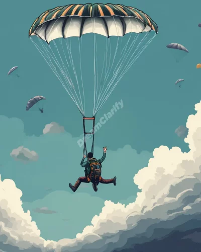 Person falling through clouds with a failing parachute, arms outstretched in fear.