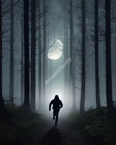 Silhouette fleeing through dark, misty forest, representing dreams of being chased in darkness.
