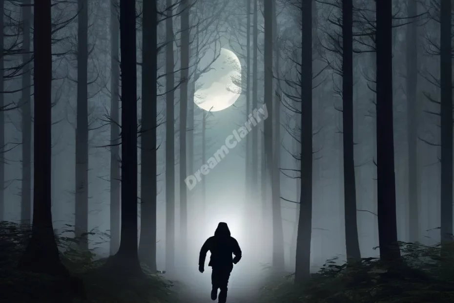 Silhouette fleeing through dark, misty forest, representing dreams of being chased in darkness.