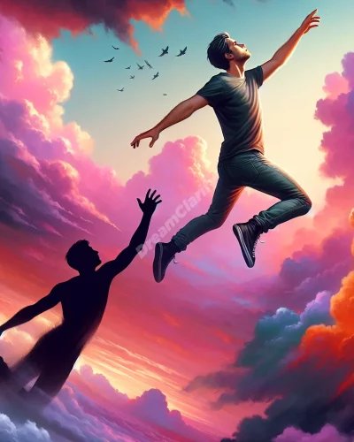 Person flying away from shadowy chaser in surreal dream landscape, symbolizing escape and freedom.