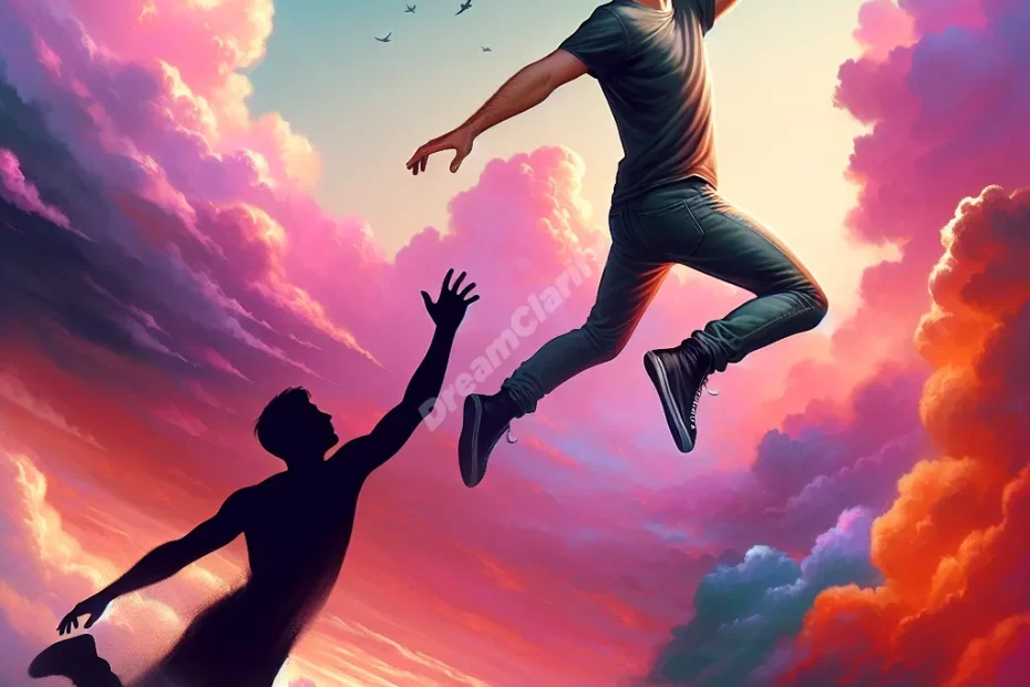 Person flying away from shadowy chaser in surreal dream landscape, symbolizing escape and freedom.