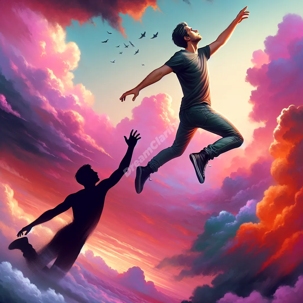 Person flying away from shadowy chaser in surreal dream landscape, symbolizing escape and freedom.