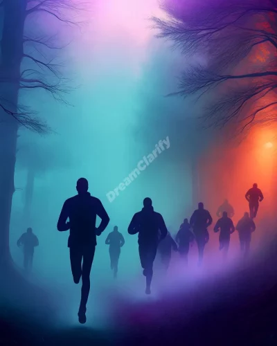 Surreal illustration of a person being chased by shadowy figures in a dreamlike forest, symbolizing the concept of chase dreams and their psychological meanings.