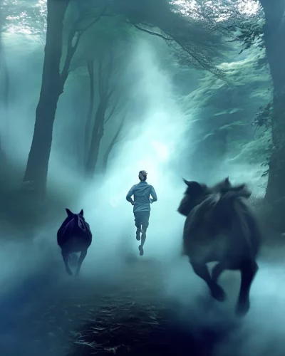 Dreamer fleeing shadowy animal figures in misty forest, symbolizing animal chase dreams.