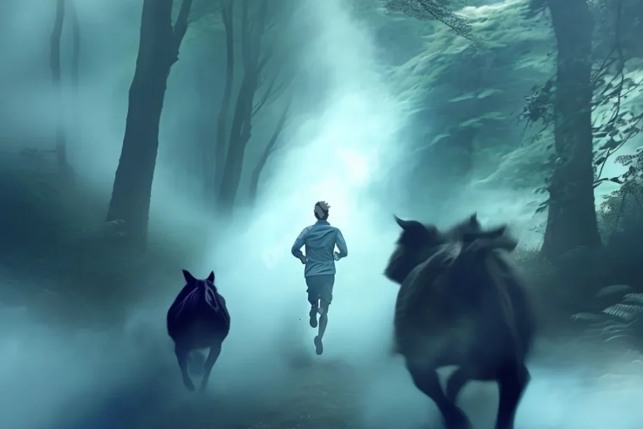 Dreamer fleeing shadowy animal figures in misty forest, symbolizing animal chase dreams.