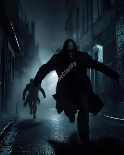 Shadowy figure chasing person through dark city street, representing chase dreams.