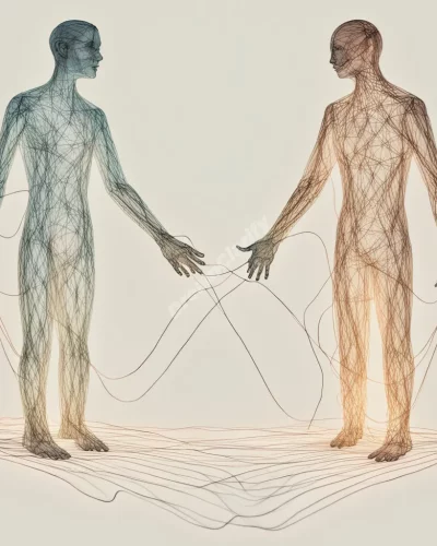 Two figures connected by glowing threads, representing relationship dynamics.