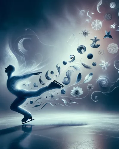 A figure skating on ice, surrounded by symbols of grace and balance.