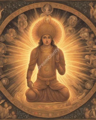 A glowing figure representing God, surrounded by divine symbols.