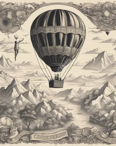 A hot air balloon rising into the sky, surrounded by symbols of adventure and freedom.