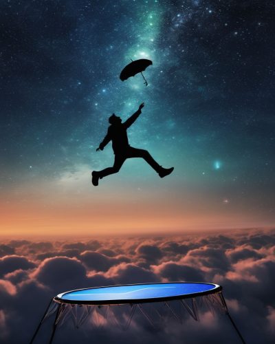 Dreamer floating above a trampoline in a surreal nighttime sky, symbolizing falling dreams and their interpretations.