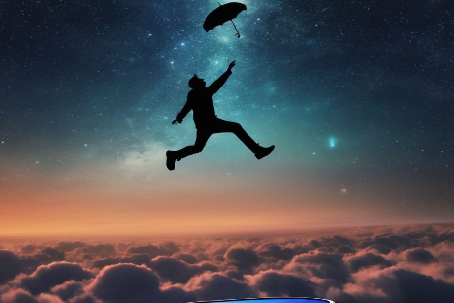 Dreamer floating above a trampoline in a surreal nighttime sky, symbolizing falling dreams and their interpretations.