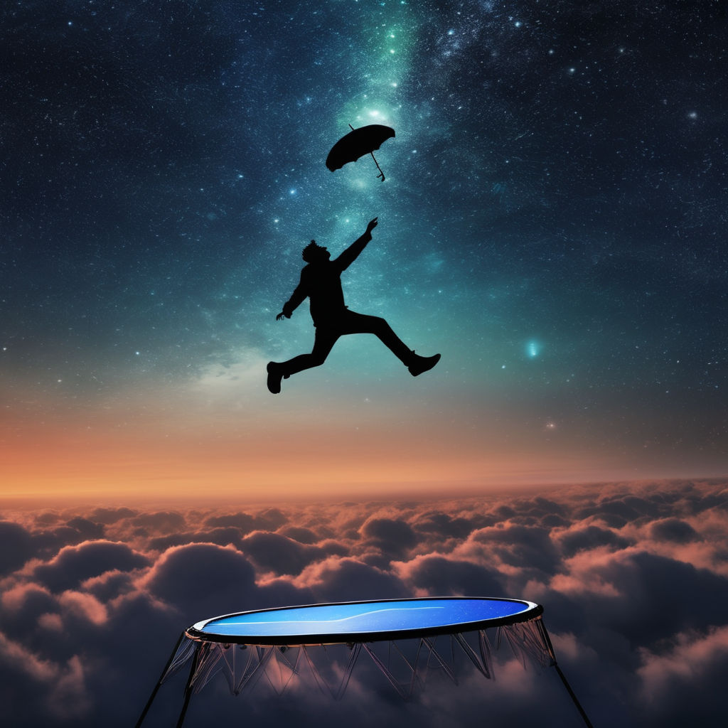 Dreamer floating above a trampoline in a surreal nighttime sky, symbolizing falling dreams and their interpretations.