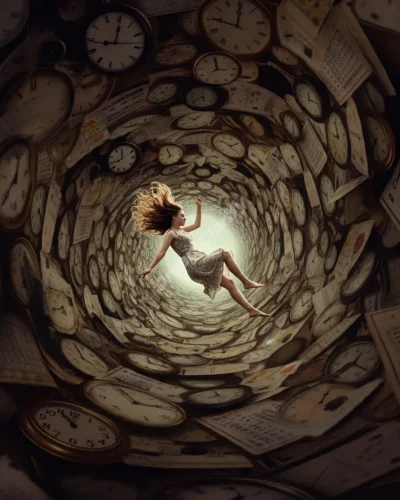 Person falling through time warp spiral with clocks and calendars, representing time travel dreams.