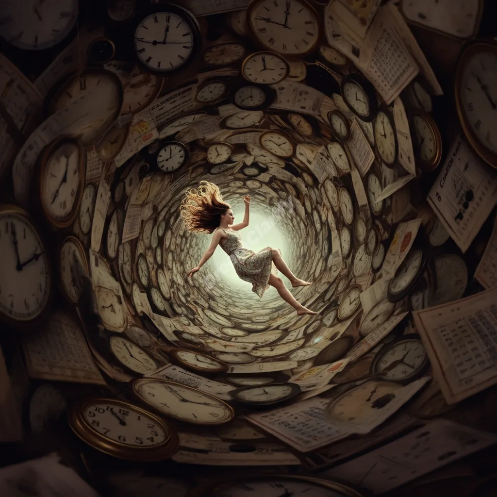 Person falling through time warp spiral with clocks and calendars, representing time travel dreams.