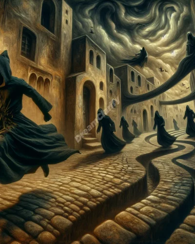 Person fleeing from shadowy group in dream-like street scene, illustrating chase dreams.